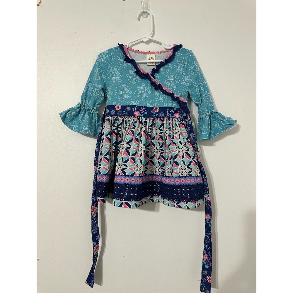 Wildflowers Clothing Girls Mixed Print Ruffle Bell Sleeve Dress Blue Pink Size 4
